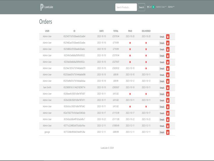 picture showing the admin order page of LuxeLuke website